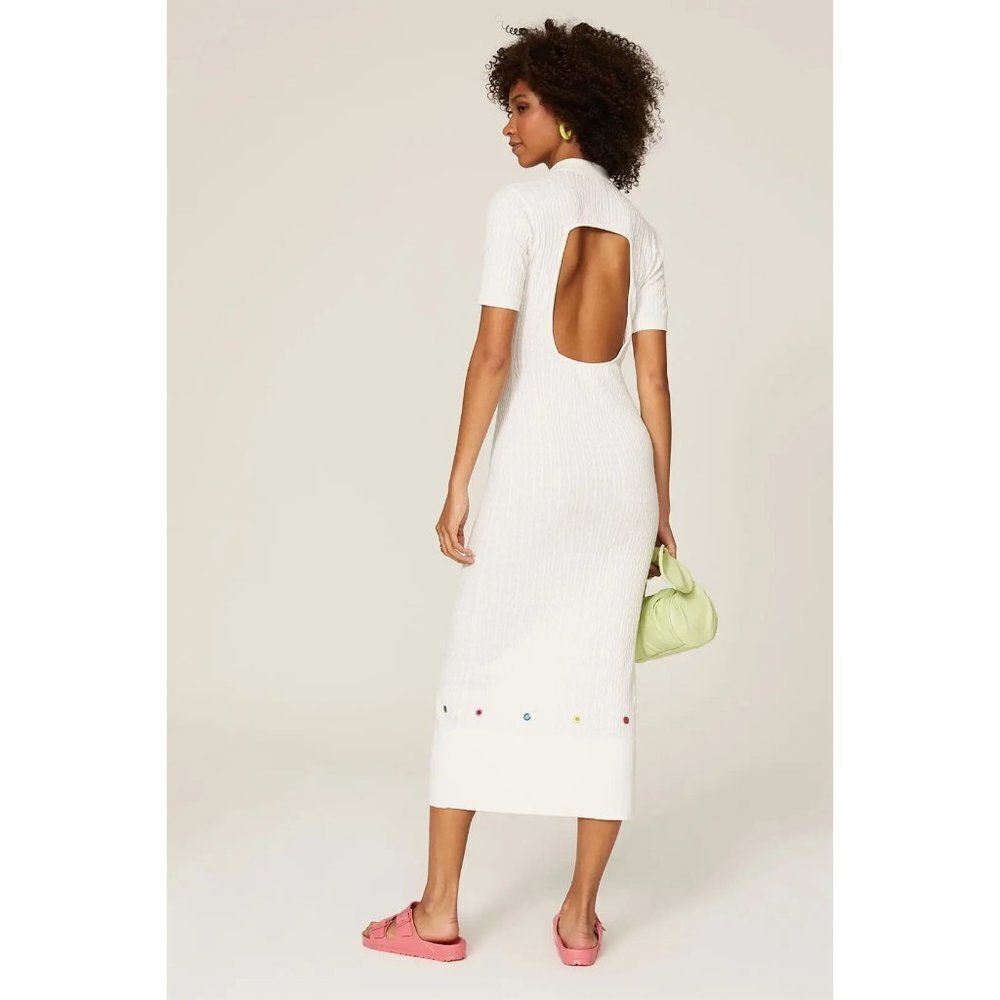 Staud White Cecily Open Back Cable Knit Cotton Blend Maxi Sweater Dress Size S